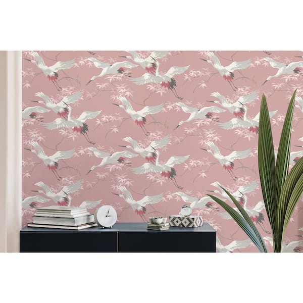 Fine Decor Saura Pink Cranes Paper Non-Pasted Matte Wallpaper
