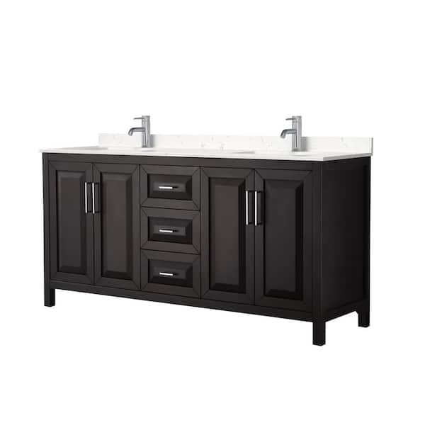 Wyndham Collection Daria 72in.x22in. Double Vanity in Dark Espresso with Cultured Marble Vanity Top in Light-Vein Carrara with White Basins