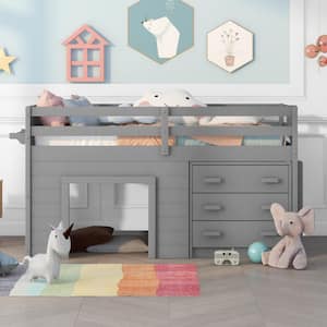 Gray Twin Loft Bed Frame with Storage Drawers, Solid Wood Low Loft Bed with Cabinet and Shelf for Kids Girls Boys