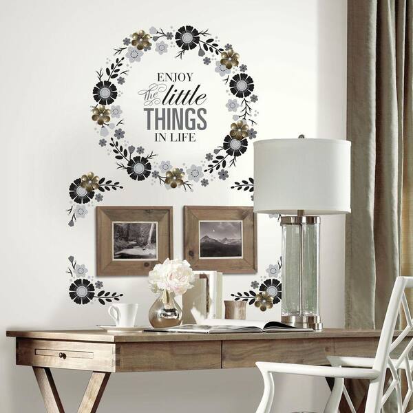 York Wallcoverings 5 in. x 19 in. Floral Wreath Quote with Embellishments 13-Piece Peel and Stick Giant Wall Decal