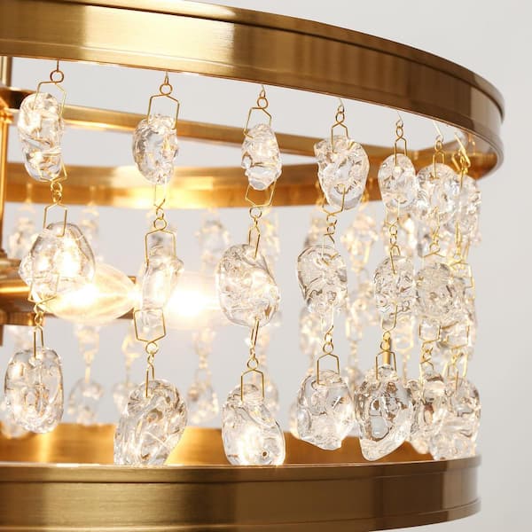 Large drum brass chandelier with long crystal U-drop prisms - matt brass