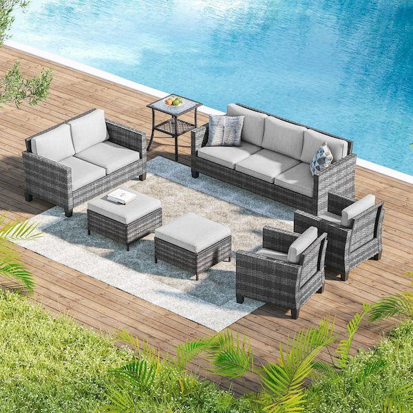 7-Pieces Patio Conversation Set with Side Table, Outdoor Armchair and Ottomans Gray Wicker with Linen Gray Cushions