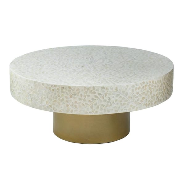 Benjara Piki 35 in. Cream and Brown Round Wood Coffee Table with Round Pedestal Base Adds Elegance to The Design