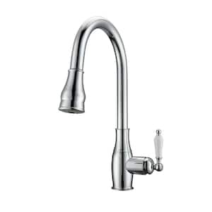 Caryl Single Handle Deck Mount Gooseneck Pull Down Spray Kitchen Faucet with Porcelain Handle in Polished Chrome