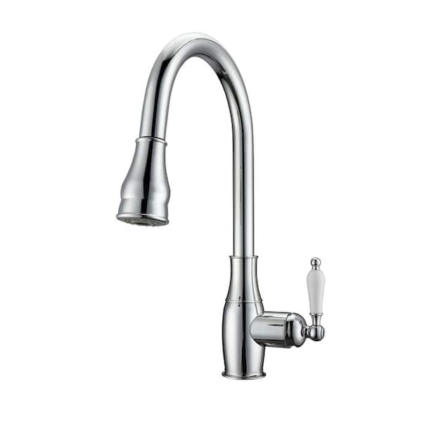 Barclay Products Caryl Single Handle Deck Mount Gooseneck Pull Down Spray Kitchen Faucet with Porcelain Handle in Polished Chrome