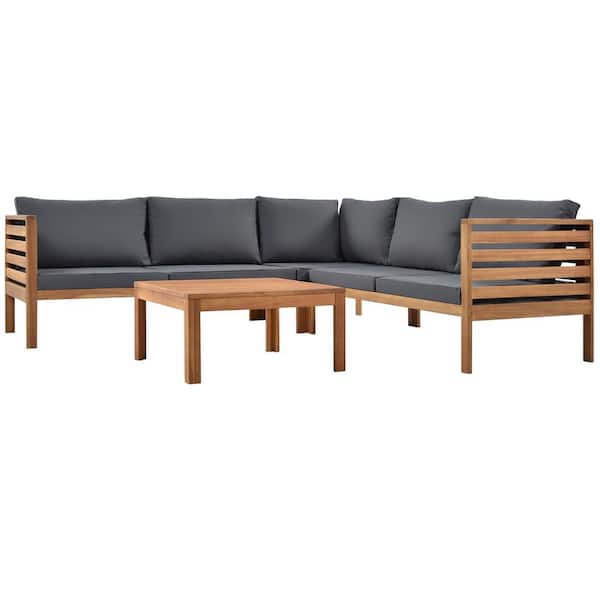 Wood Structure Outdoor Sofa Sectional Set with Gray Cushions