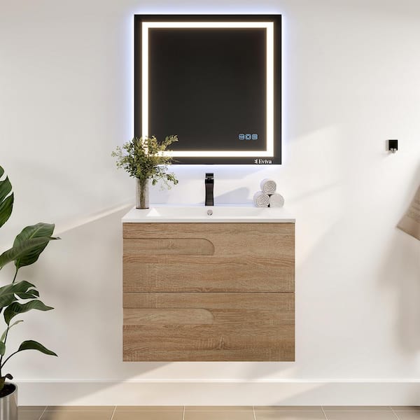 Joy 32 in. Single Sink Floating Maple Bath Vanity with White Porcelain Top (Assembled)