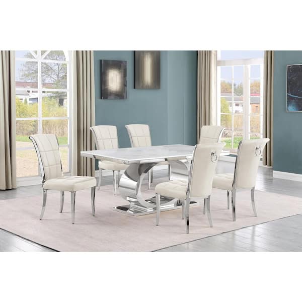 Best Quality Furniture Ibraim 7-Piece Rectangle White Marble Top With Stainless Steel Base Dining Set With 6 Cream Velvet Iron Leg Chairs