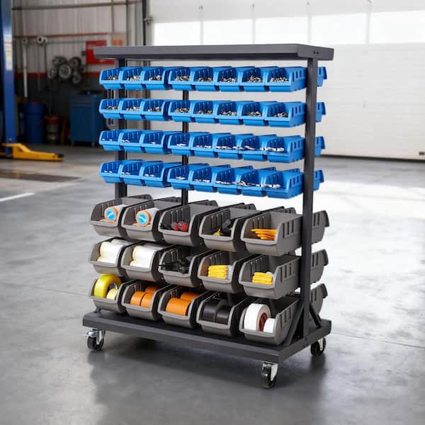 7-Tier Double-Sided Rolling Bin Storage Rack, Dual-Sided Parts Organizer w/ Wheels, Mobile Tool Rack, 94-Bin 2025 Update