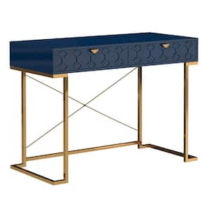 42 in. Rectangular Blue Solid Wood Writing Desk with Metal Stand