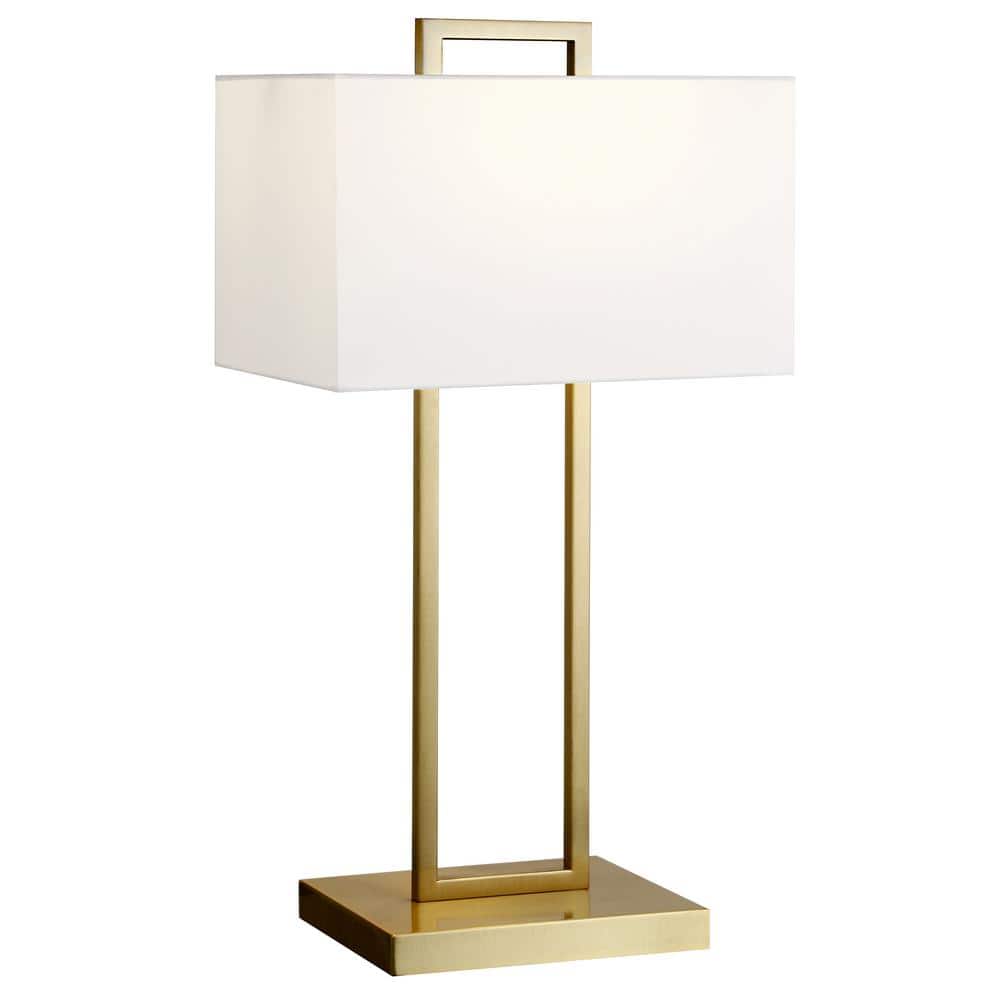 Brass and White Rectangular Nightstand Lamp with Oblong Shade