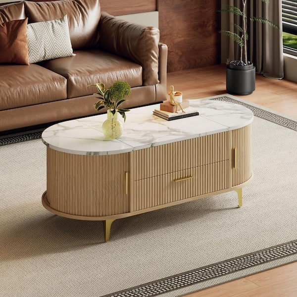 Amos Multi-Functional 47.24 in. Natural+White Oval Faux Marble Coffee Table with Lift Top, Sliding Doors, Storage Drawer
