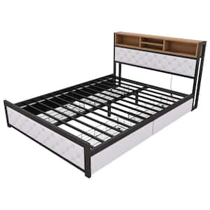 White Metal Frame Queen Size Platform Bed with USB Port and 4-Drawers