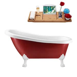 61 in. Acrylic Clawfoot Non-Whirlpool Bathtub in Glossy Red With Glossy White Clawfeet And Brushed Nickel Drain
