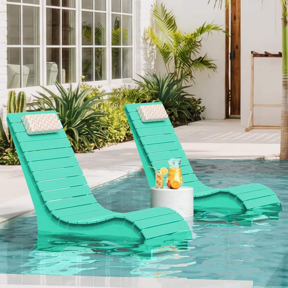 2-Piece Green HDPS Plastic Aquawave Patio Outdoor Chaise Lounge with Cushion Headrest and Weighted Sandbag for Pool