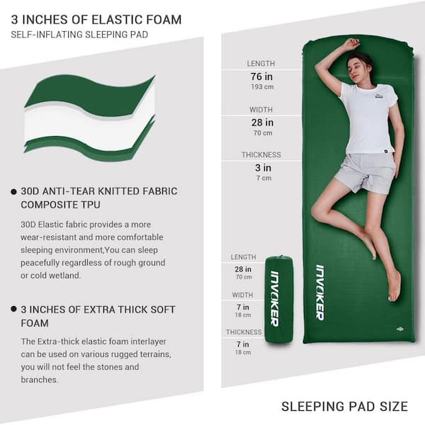 INVOKER 3 Inch UltraThick Self Inflating Memory Foam Camping Sleeping Pad,  Green