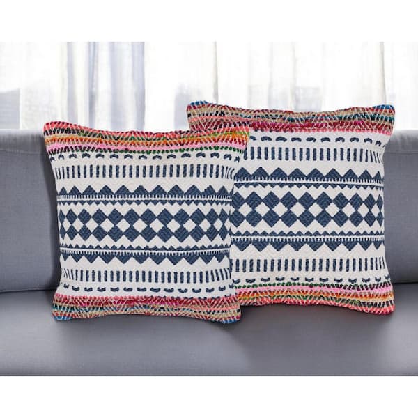 HomeRoots Blue Geometric Polyester 18 in. x 18 in. Throw Pillow Set of 2