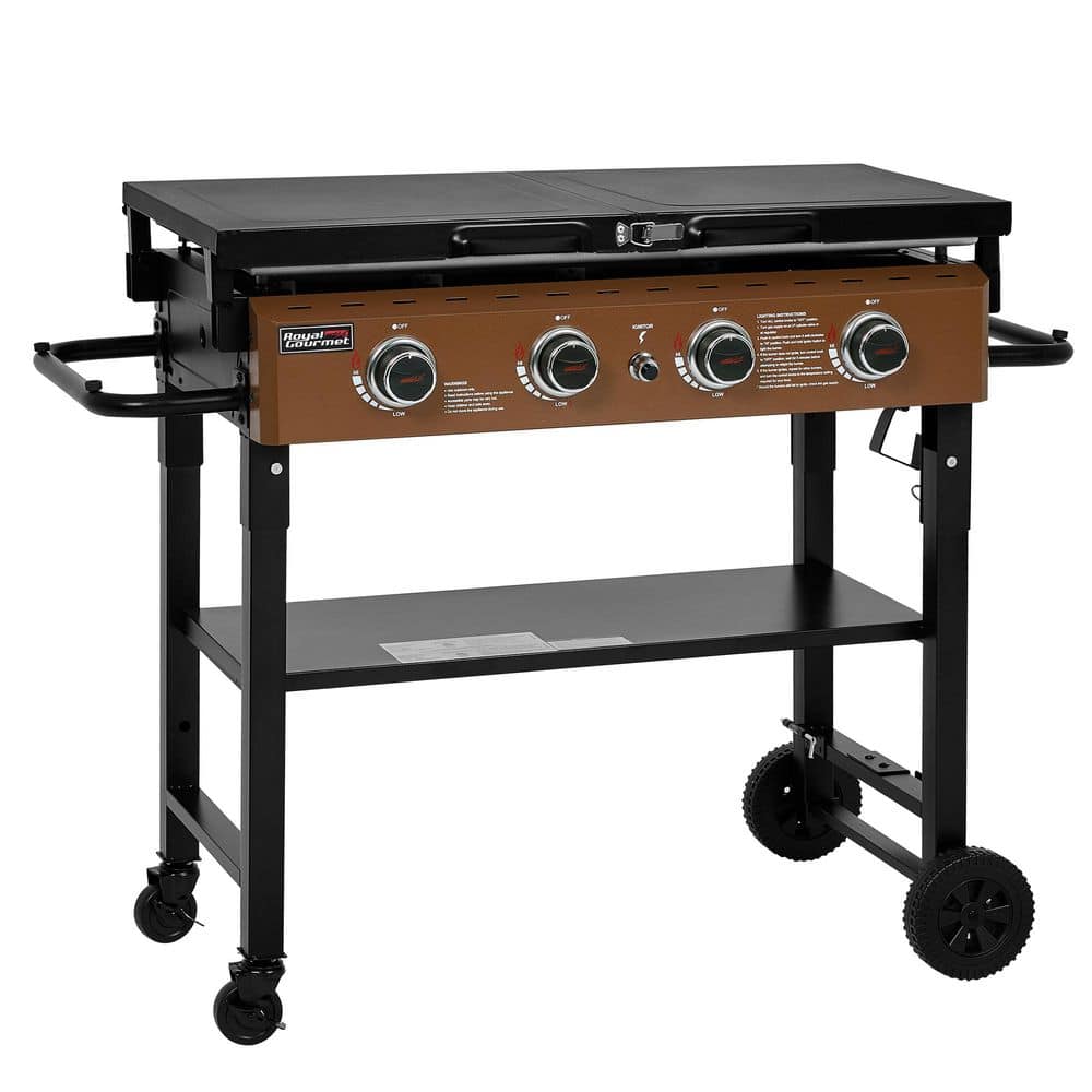 4-Burner Propane Griddle with Folding Side Shelves, Large Wheels & Swivel Casters with Brakes, Bronze Gold