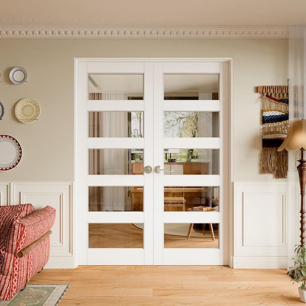 TENONER 64 in. x 80 in. 5 Lite Frosted Glass Universal White