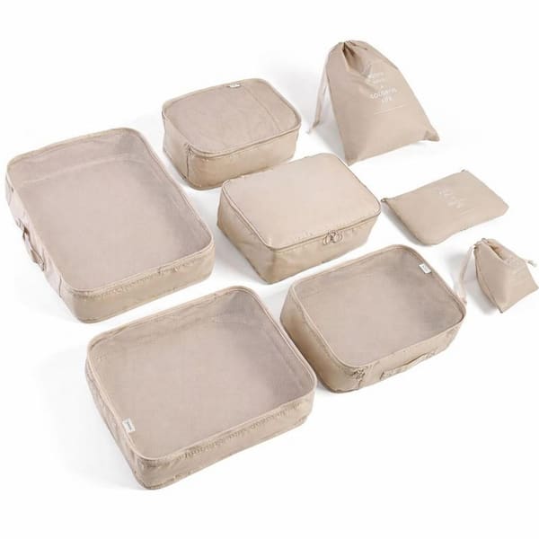 Beige 8-Pieces Suitcase Luggage Organizer 8-Set Packing Cubes Travel Accessories with Shoe Toiletry Laundry Bags