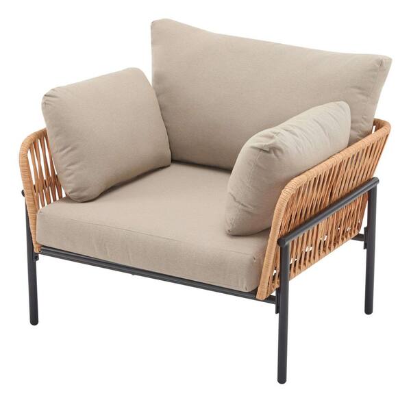 Miscool Avex Natural Rope Weave Iron Outdoor Lounge Chair with Beige Cushions