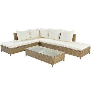 3-Piece Rattan Sofa Set PE Wicker Outdoor Sectional with Chaise Lounge Frame and Glass Table Brown Plus Beige Cushion