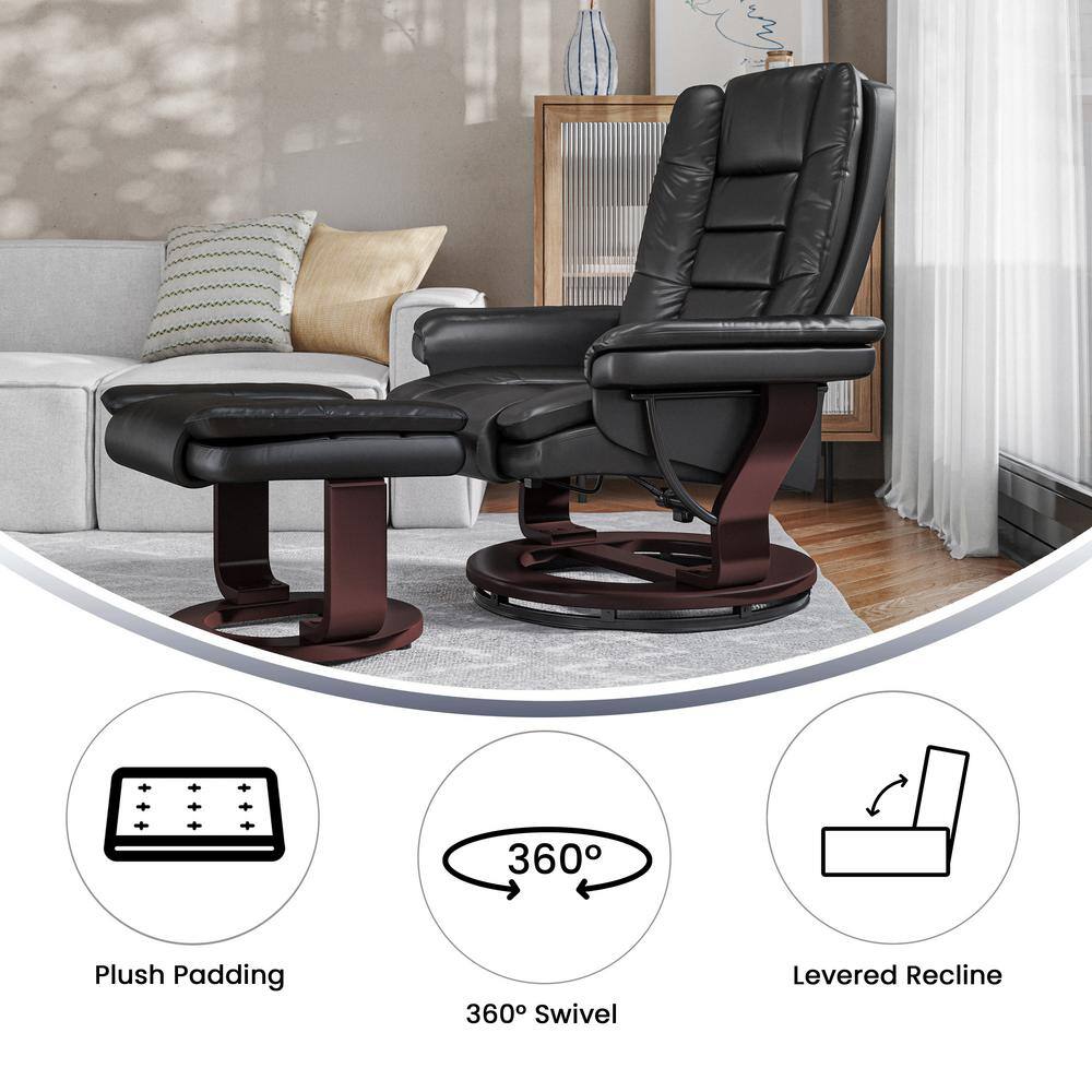Black Faux Leather Swivel Recliner with Wood Base