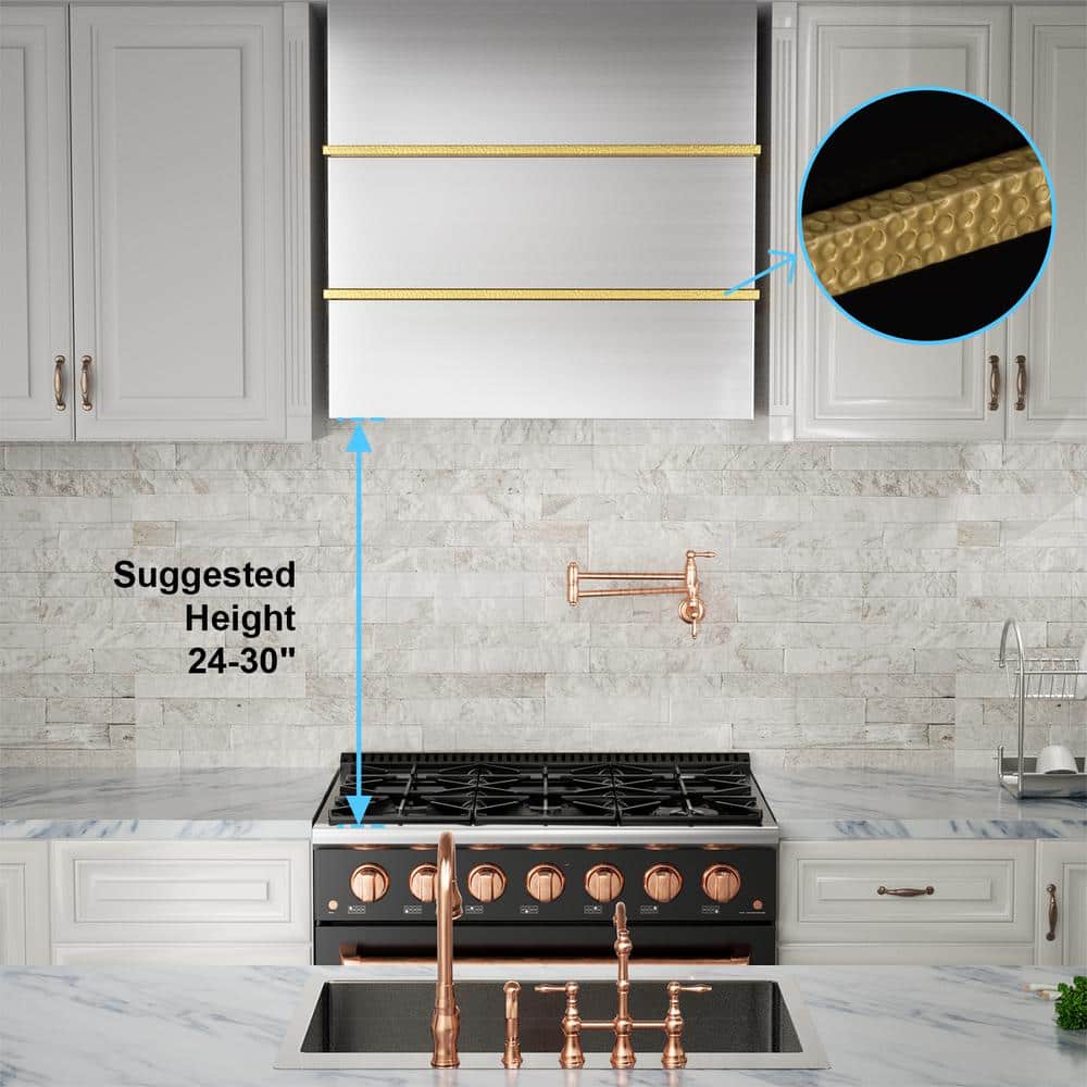 30" Brushed Stainless Steel and Gold Wall Mount Range Hood