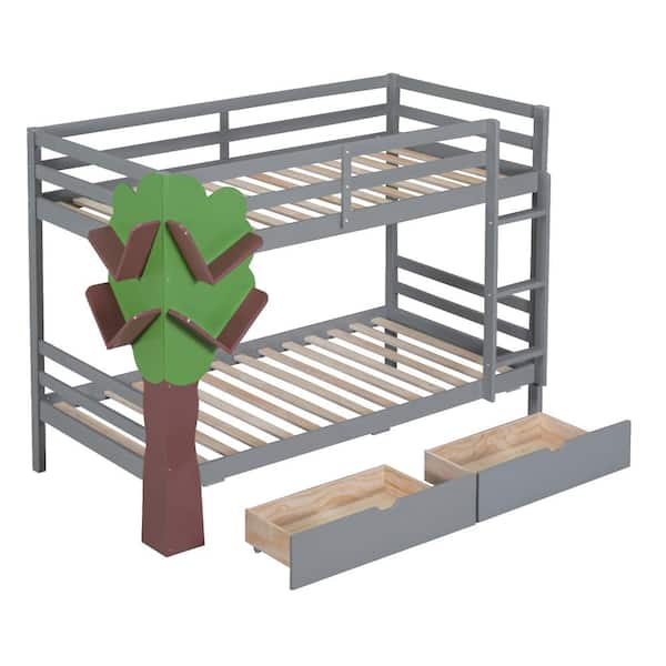 Nestfair Gray Twin-Over-Twin Size Bunk Bed with 2 Drawers and Tree Decor