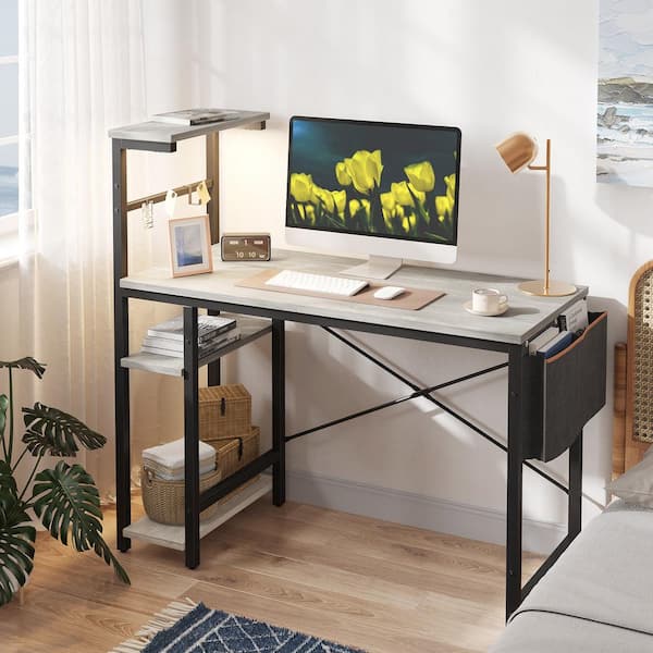44 in. Computer Desk with LED Lights Gaming Desk with 4 Tier Shelves Retro Light Grey Oak