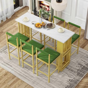 7-Piece Multi-Functional Modern Counter Height MDF Top Dining Bar Table Set with 6-Upholstered Stools(White and Green)