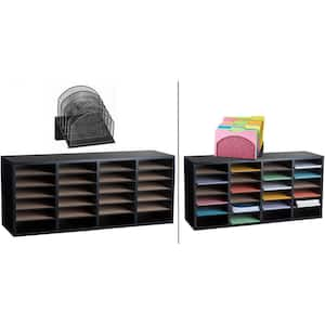 24 Compartment Wood Adjustable Literature Organizer with Mesh File Desktop Organizer