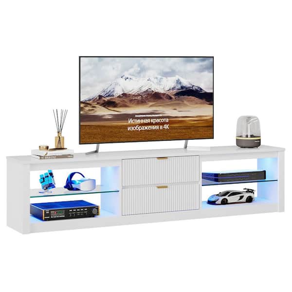 Modern Glossy White TV Stand Fits TVs up to 85 in. with RGB Lighting, Adjustable Shelves and 2-Fluted Drawers