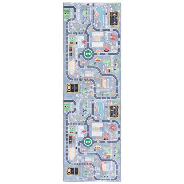 Santa Monica Kids 3 ft. x 8 ft. Light Gray/Gray City Roads Washable Runner Rug