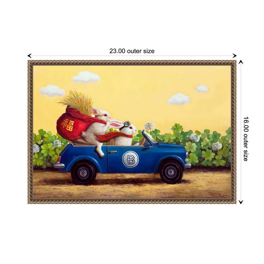 Whimsical Bunnies in Blue Car Framed Canvas Print