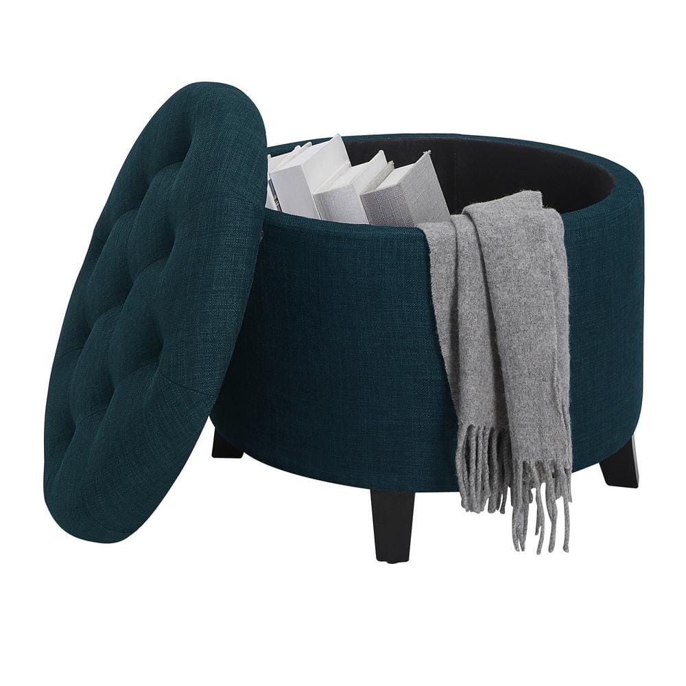 Tufted Luxe Dark Blue Round Storage Ottoman with Solid Rubberwood Legs