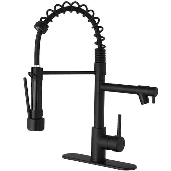 BWE Single-Handle Pull-Down Sprayer 2 Spray High Arc Kitchen Faucet With Deck Plate in Matte Black