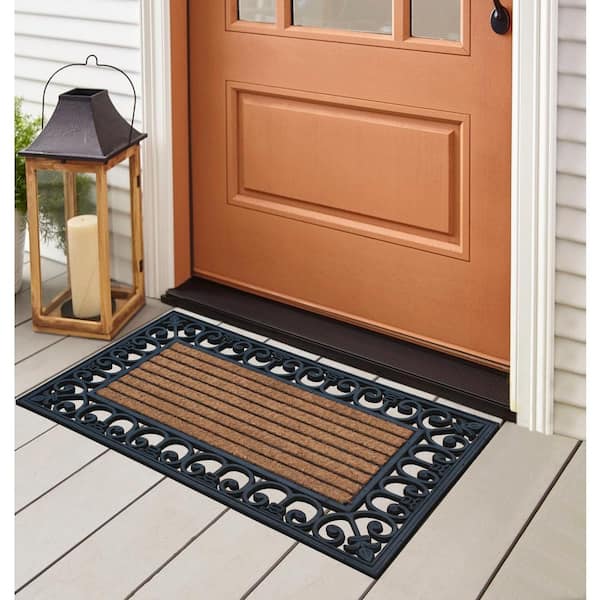 A1 Home Collections A1hc First Impression Striped Black/Beige 24 in. x 36 in. Rubber and Coir Black Finished Outdoor Door Mat