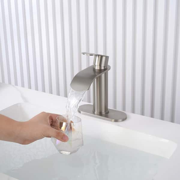 4 in. Centerset Single Handle High Arc Waterfall Bathroom Faucet with Pop Up Drain and Supply Lines in Brushed Nickel