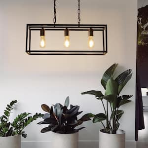 3-Light Matte Black Farmhouse Kitchen Island Pendant Lighting, Modern Rectangular Chandeliers for Dining Room Foyer
