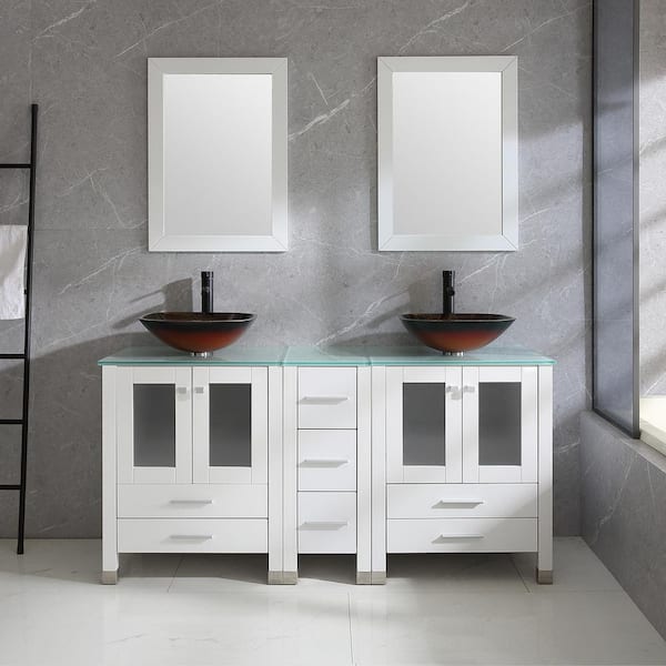60 in. W x 21.5 in. D x 61 in. H Double Sinks Bath Vanity in White with Glass Top and Mirror