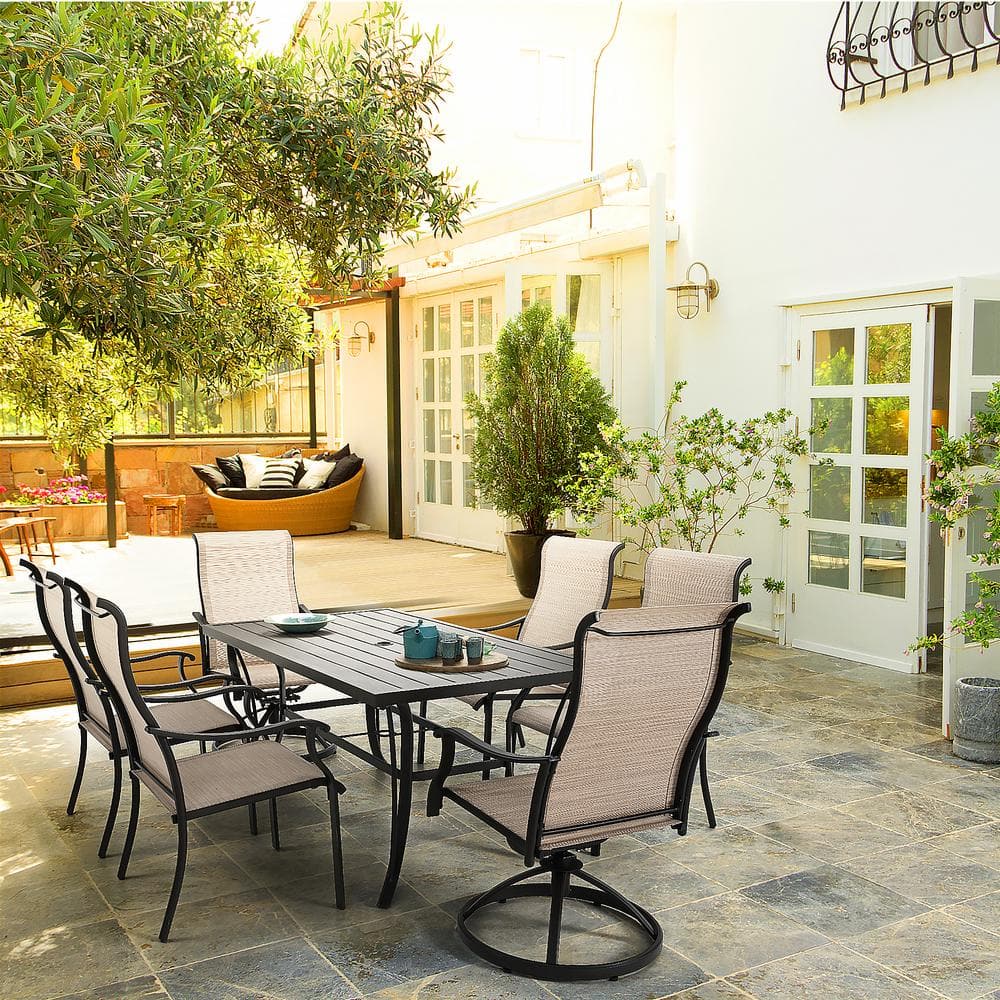 Brown 7-Piece Iron Patio Dining Set with Textilene Chairs