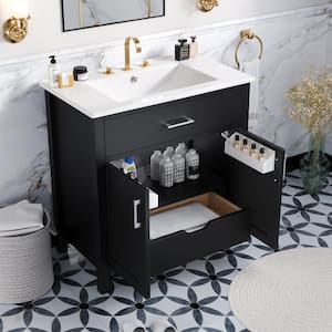 30 in. W Single Sink Freestanding Bath Vanity in Black with White Ceramic Top for Small Bathrooms