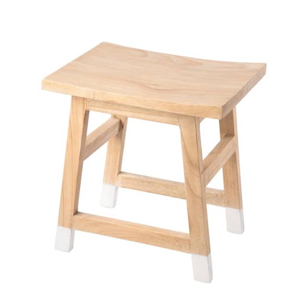 Finesse 18.3 in. H Classic Casual Handcrafted Solid Mindi Wood Accent Stool with Tipped Legs, Natural/White Finish