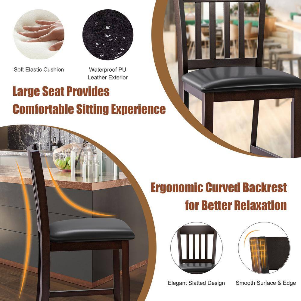 Elegant Espresso Wood Bar Stools with Cushioned PU Leather Seat, Set of 2