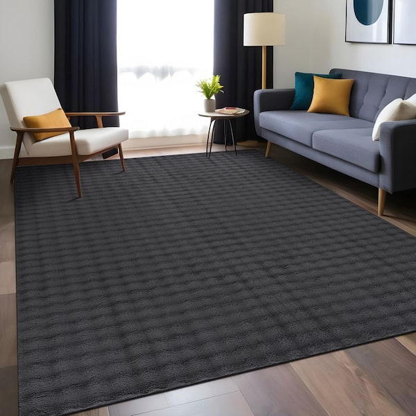 Aurora 8 ft. x 10 ft. Dark Grey Non-Slip Rubber Back Washable Polyester Checker Indoor Area Rug