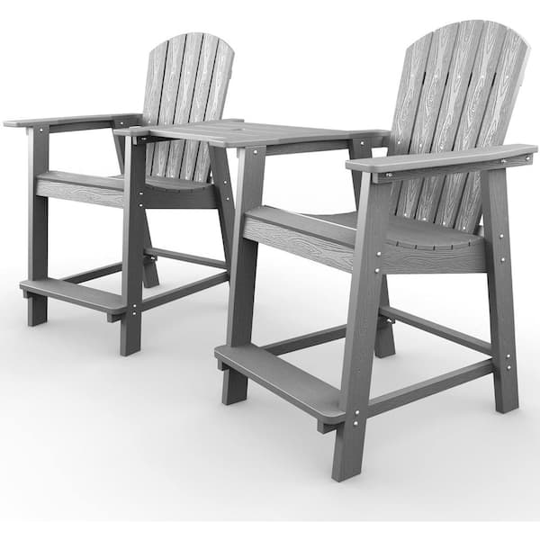 Grey Plastic Adirondack Outdoor Bar Stools with Removable Connecting Table(2-Pack)