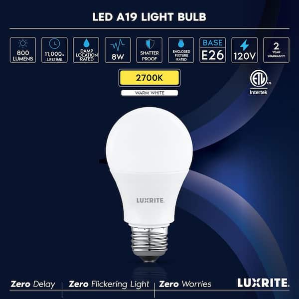 60-Watt Equivalent A19 LED Light Bulb 2700K Warm White 8 Watts 800 Lumens Non-Dimmable E26 ETL Listed Damp Rated 8 Pack