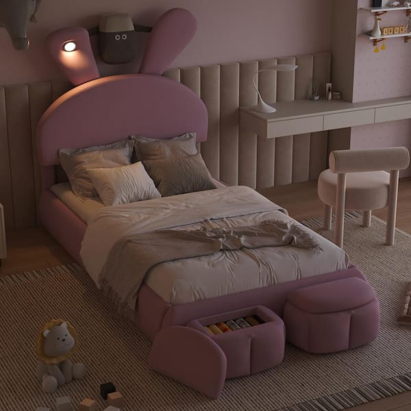Harper & Bright Designs Pink Wood Frame Twin Velvet Upholstered Platform Bed with Cartoon Ears Shaped Headboard, LED Light, 2 Storage Stools