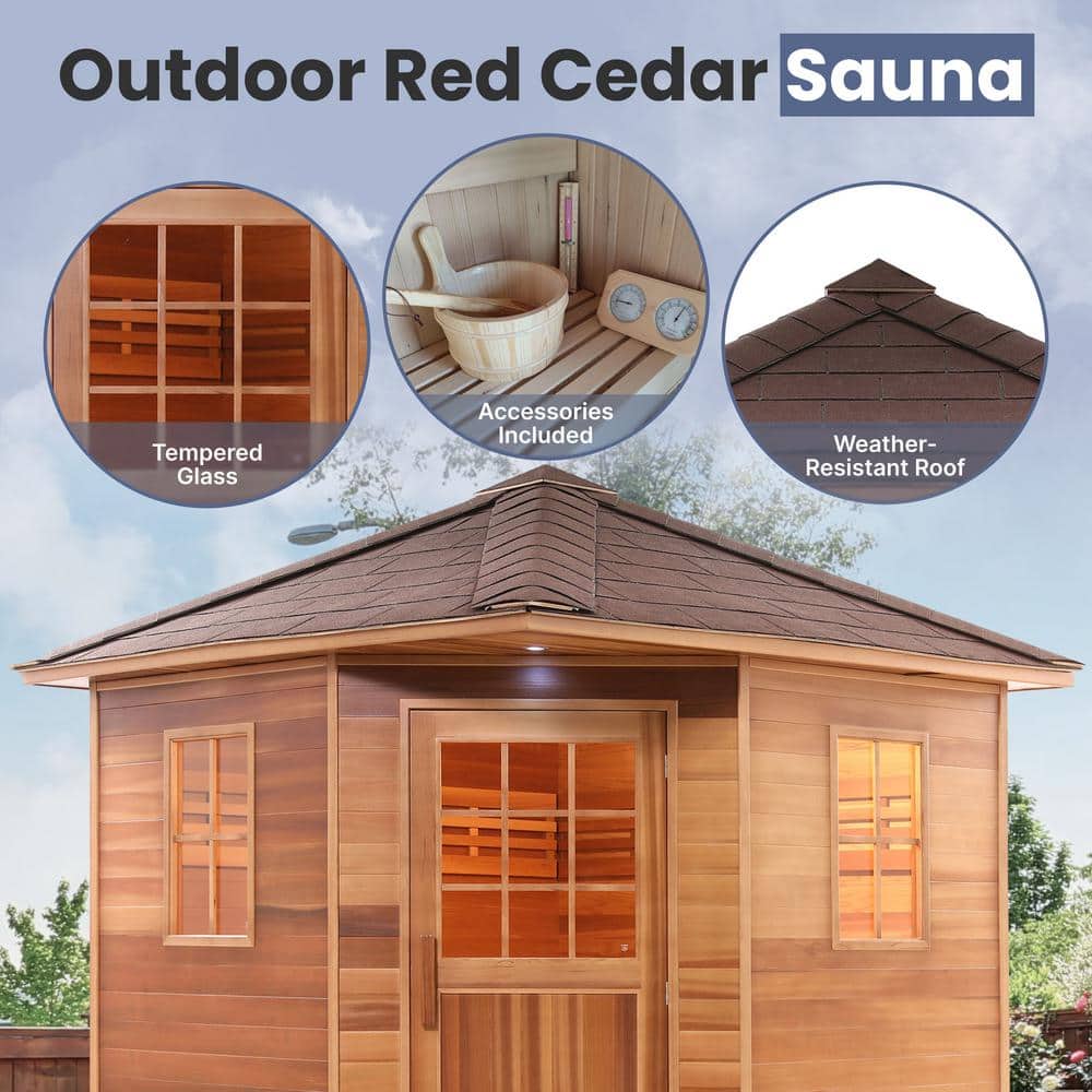 Canadian Red Cedar 8-Person Outdoor Sauna with Asphalt Roof